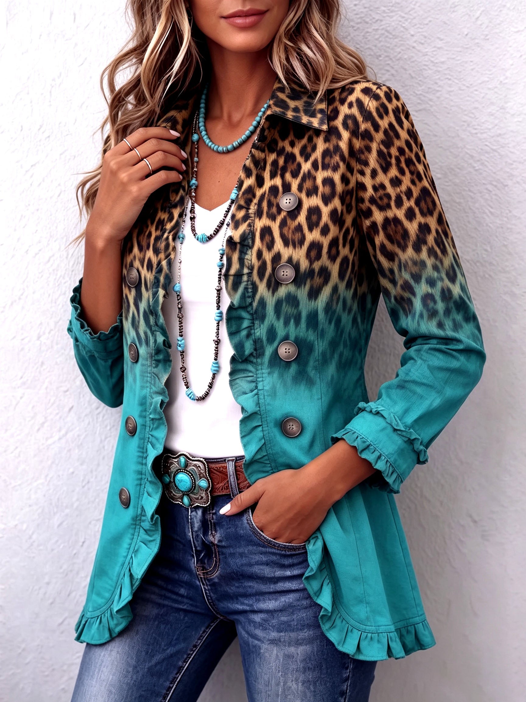 Elspeth™ | Leopard Ombré Ruffle-Trim Jacket