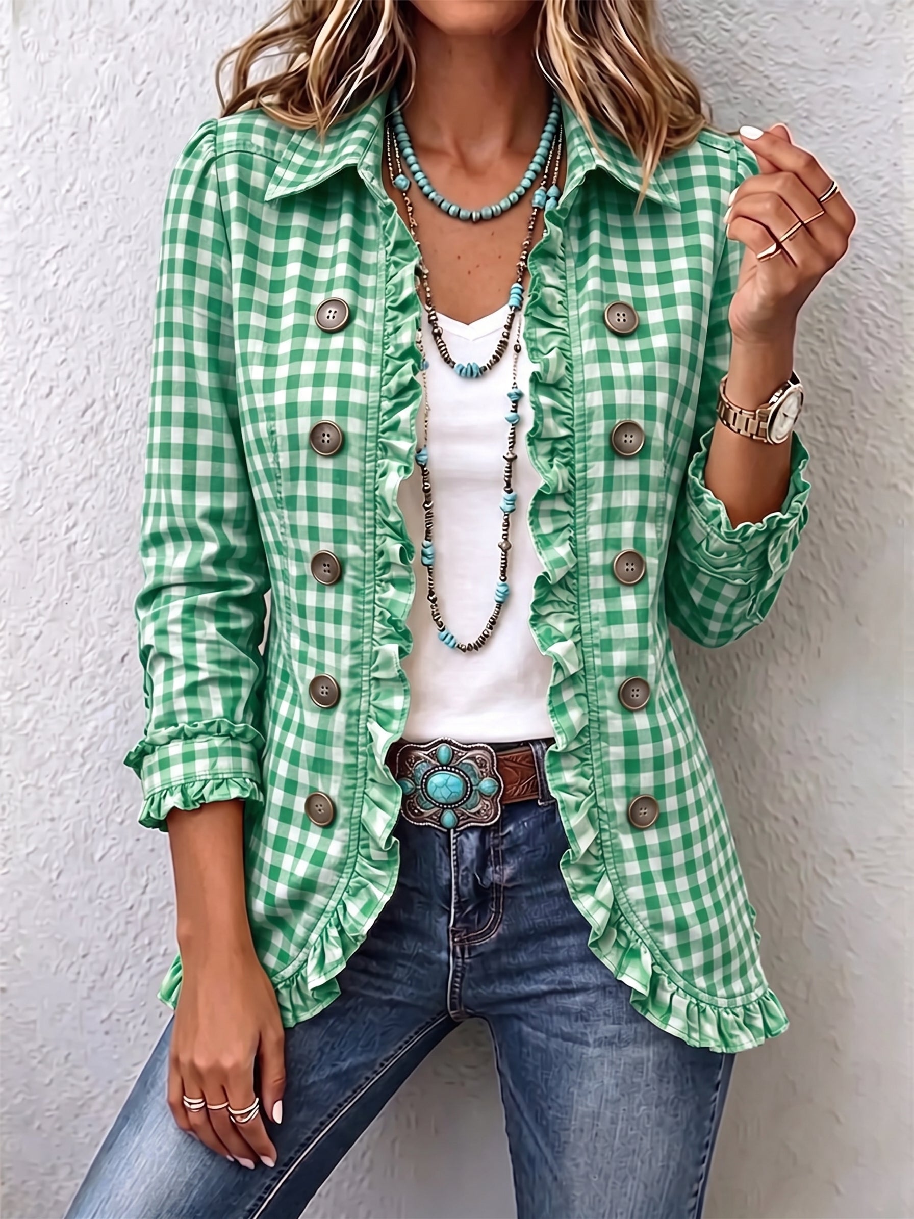 Clover™ | Gingham Ruffle-Trim Button Jacket