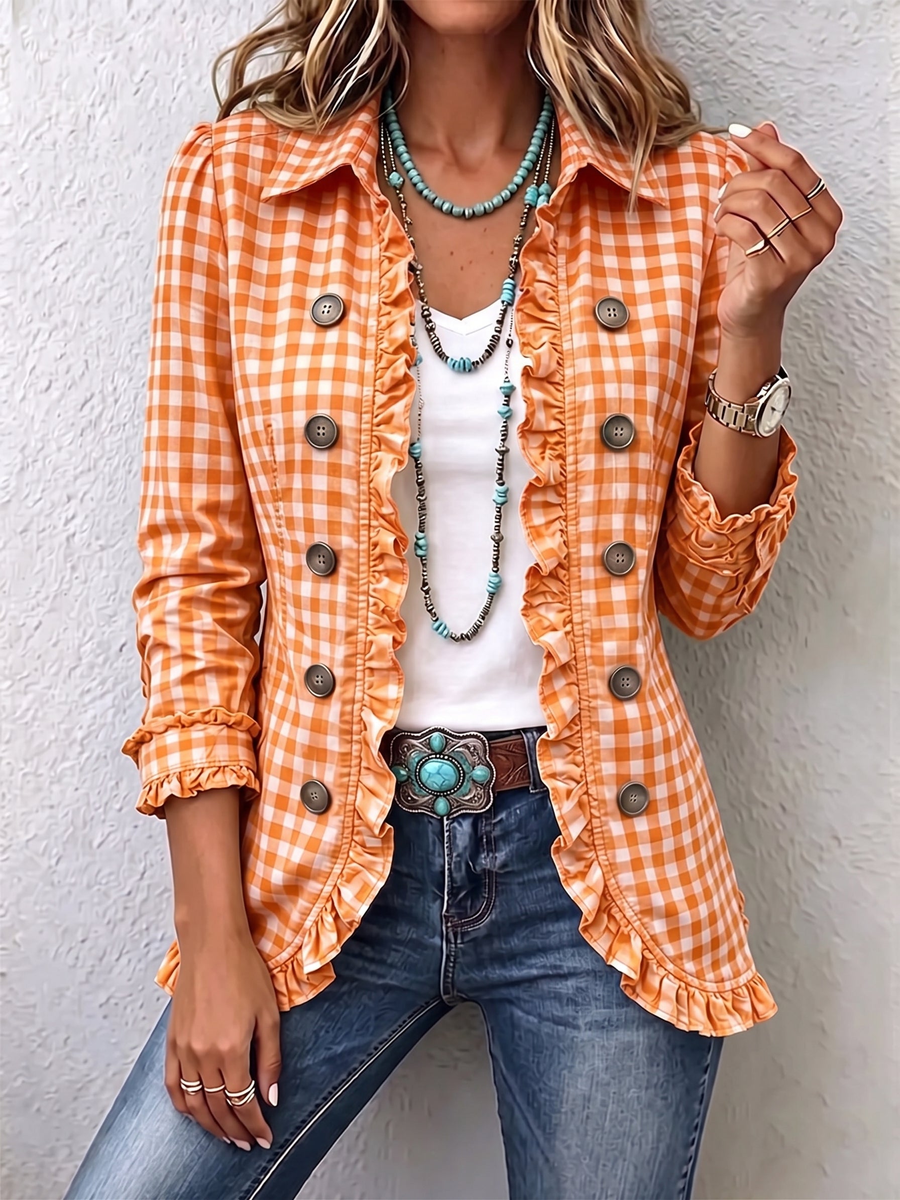 Clover™ | Gingham Ruffle-Trim Button Jacket