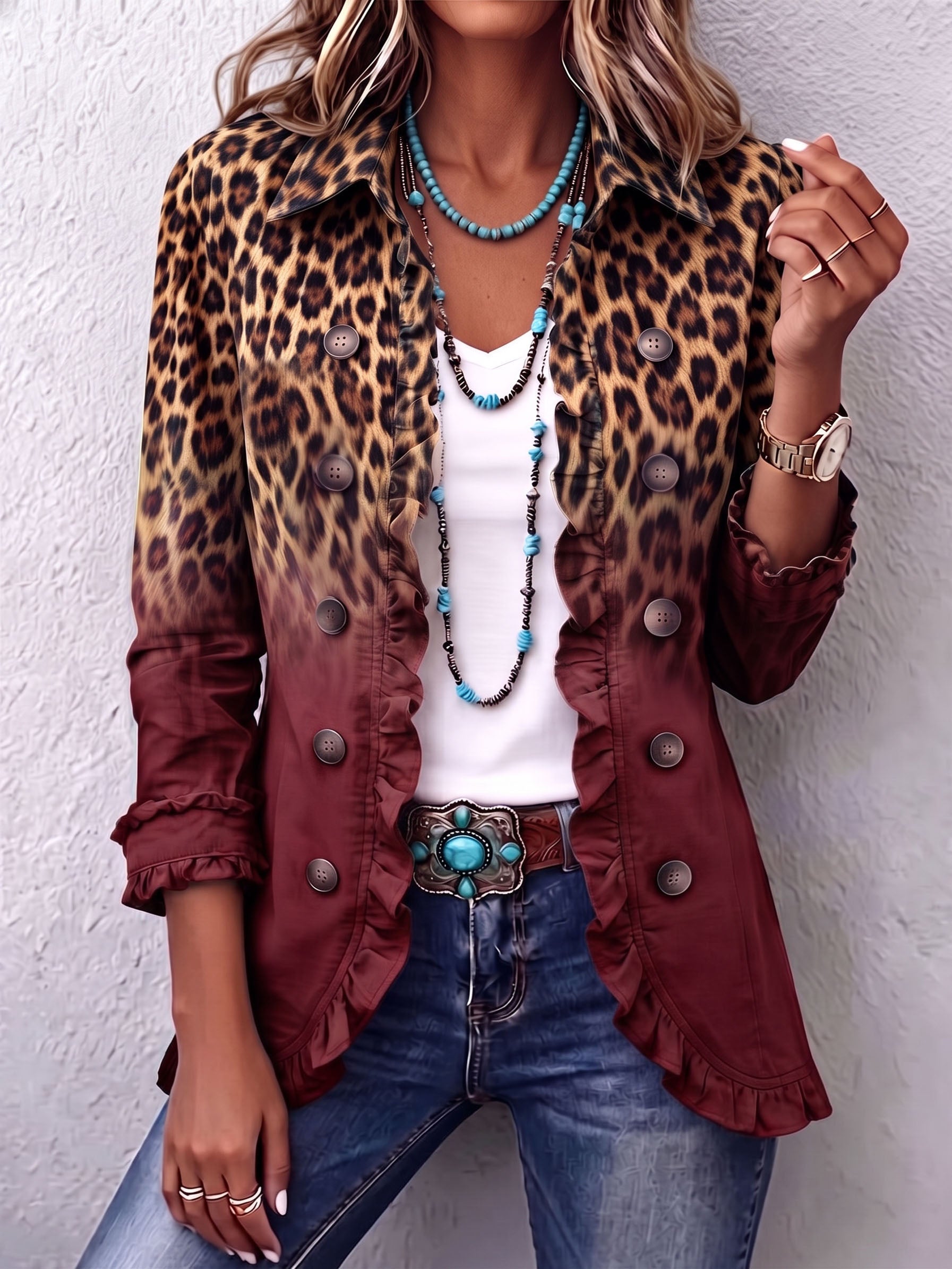 Elspeth™ | Leopard Ombré Ruffle-Trim Jacket