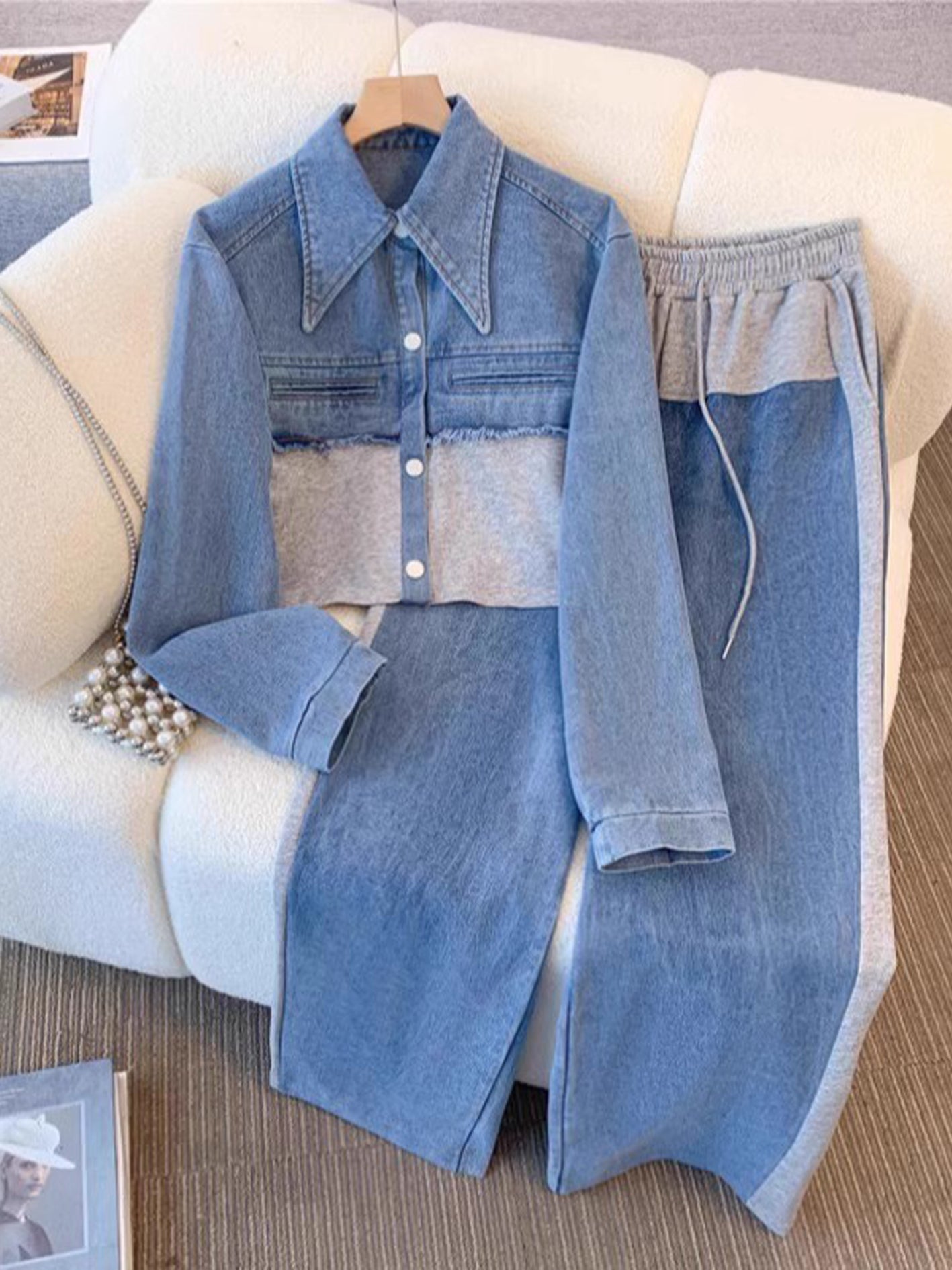 Holbrook™ | Color-Block Cropped Denim Jacket & Wide-Leg Pants Set