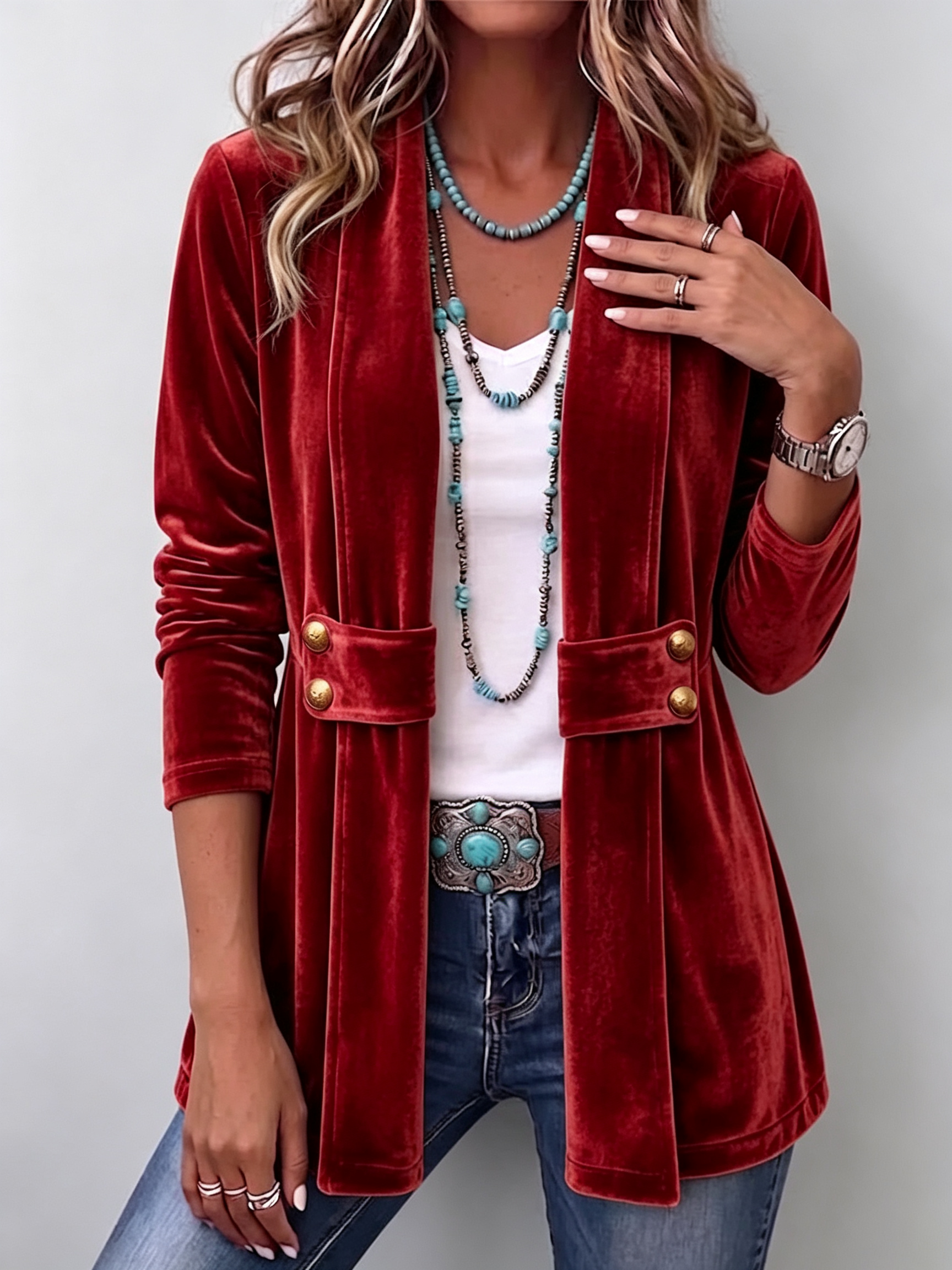 Carmella™ | Vintage Velvet Open-Front Longline Jacket
