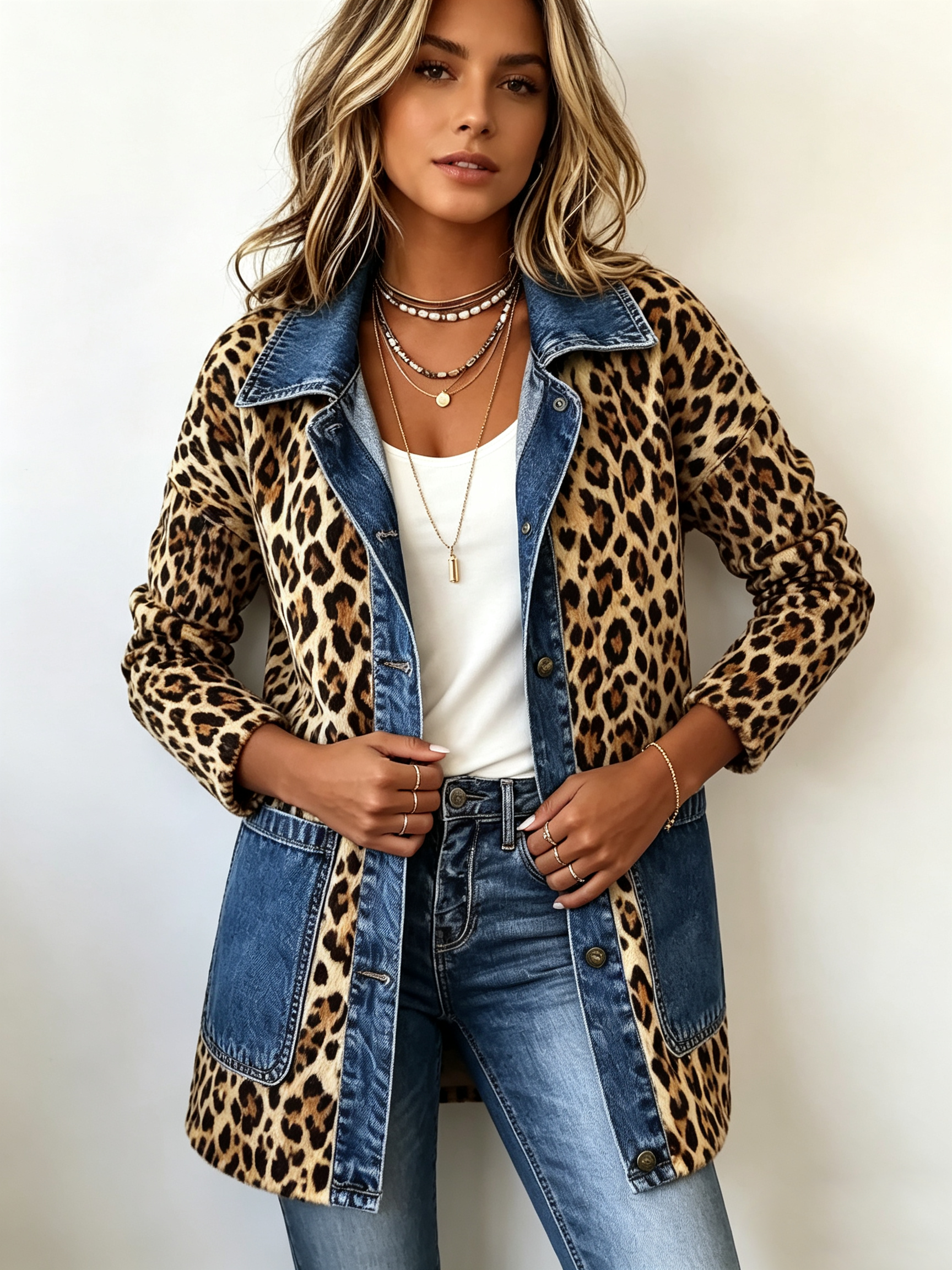 Fablenne™ | Leopard Print & Denim Contrast Longline Jacket