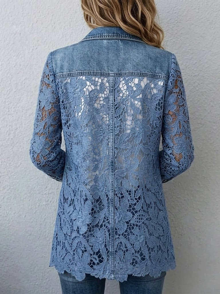 Lacinda™ | Denim & Floral Lace Longline Blazer