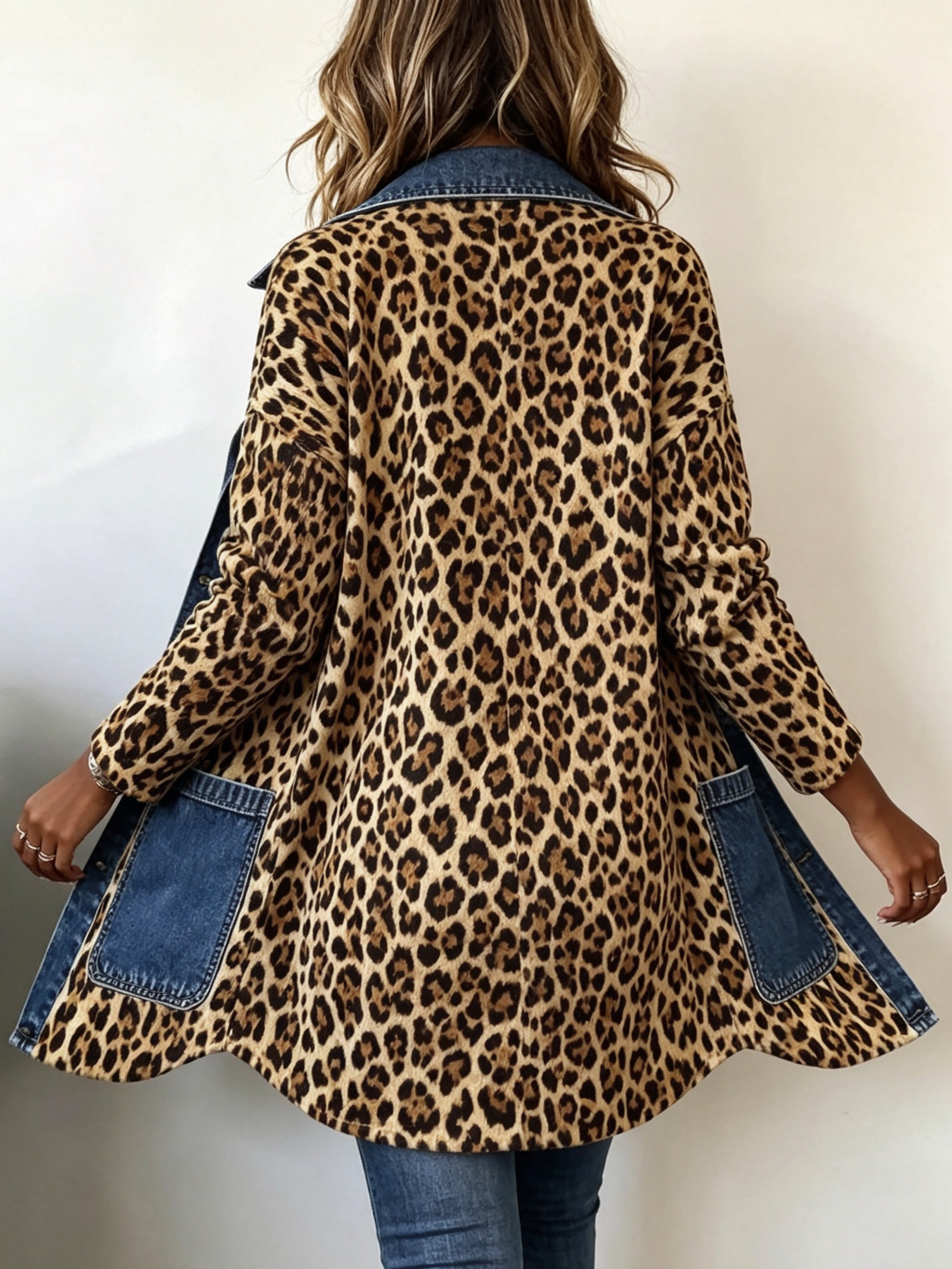 Fablenne™ | Leopard Print & Denim Contrast Longline Jacket
