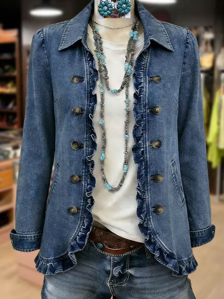 Ruffelle™ | Vintage Denim Ruffle-Trim Jacket