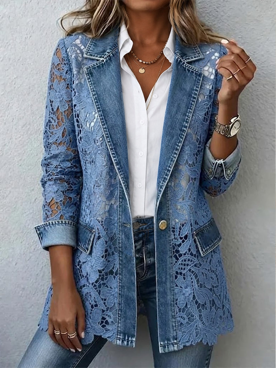 Lacinda™ | Denim & Floral Lace Longline Blazer