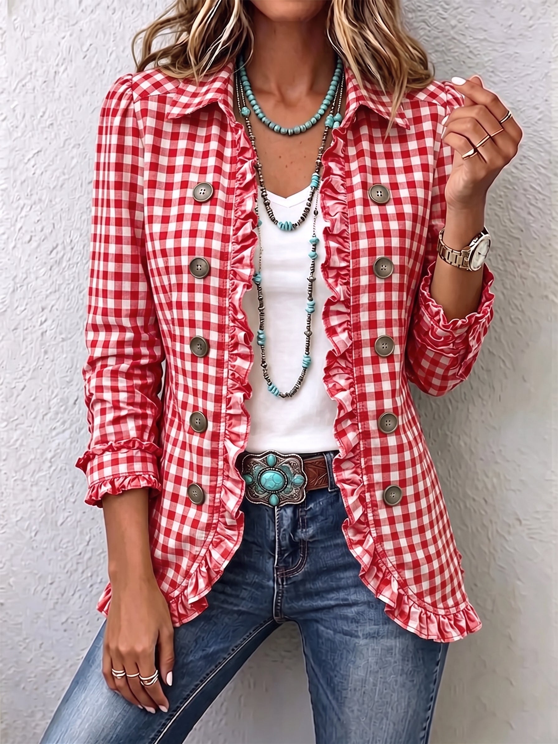 Clover™ | Gingham Ruffle-Trim Button Jacket