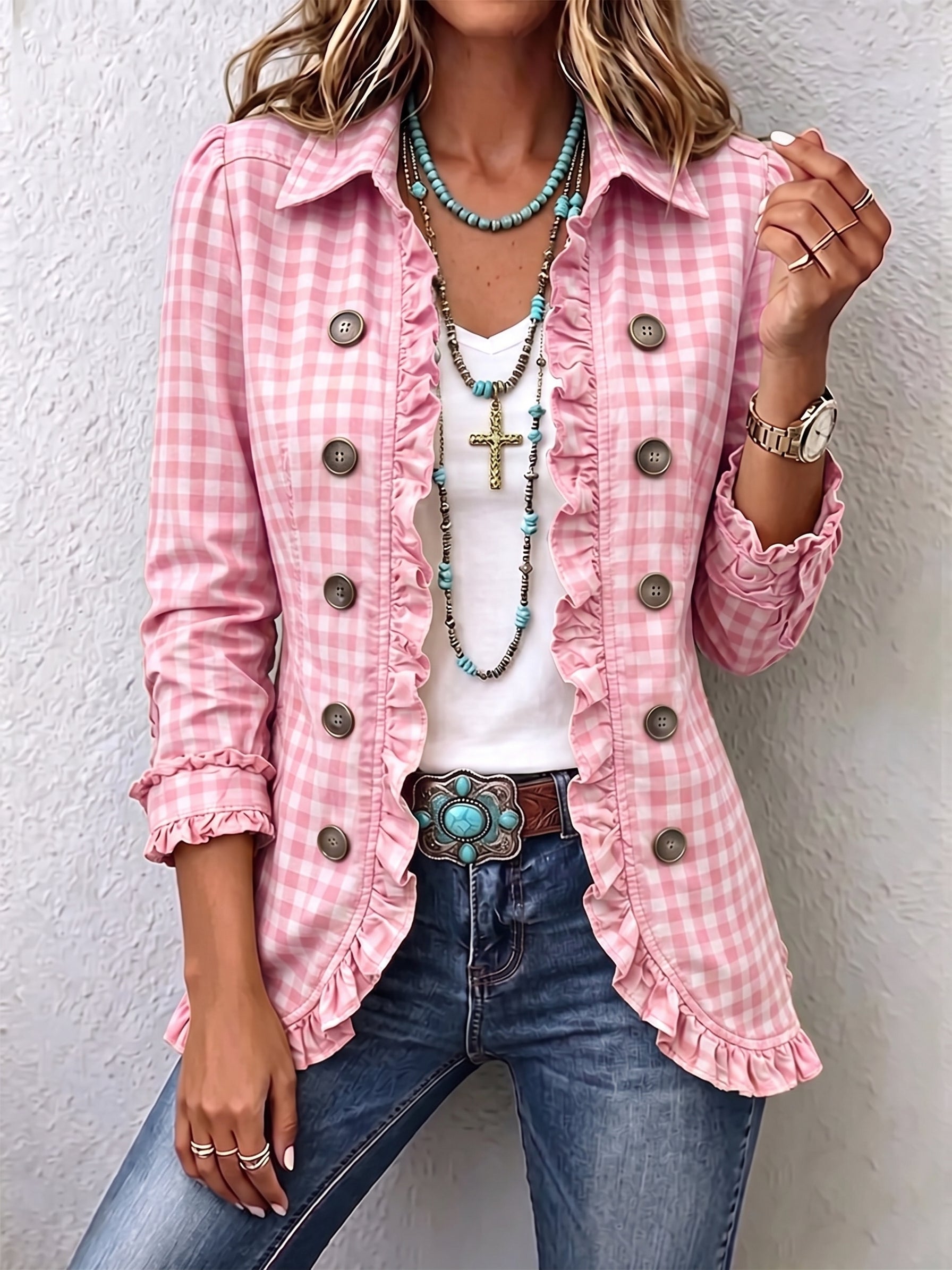 Clover™ | Gingham Ruffle-Trim Button Jacket