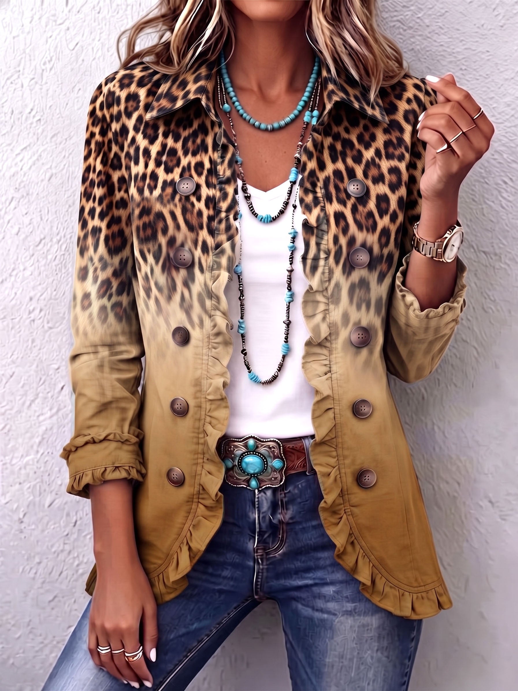Elspeth™ | Leopard Ombré Ruffle-Trim Jacket