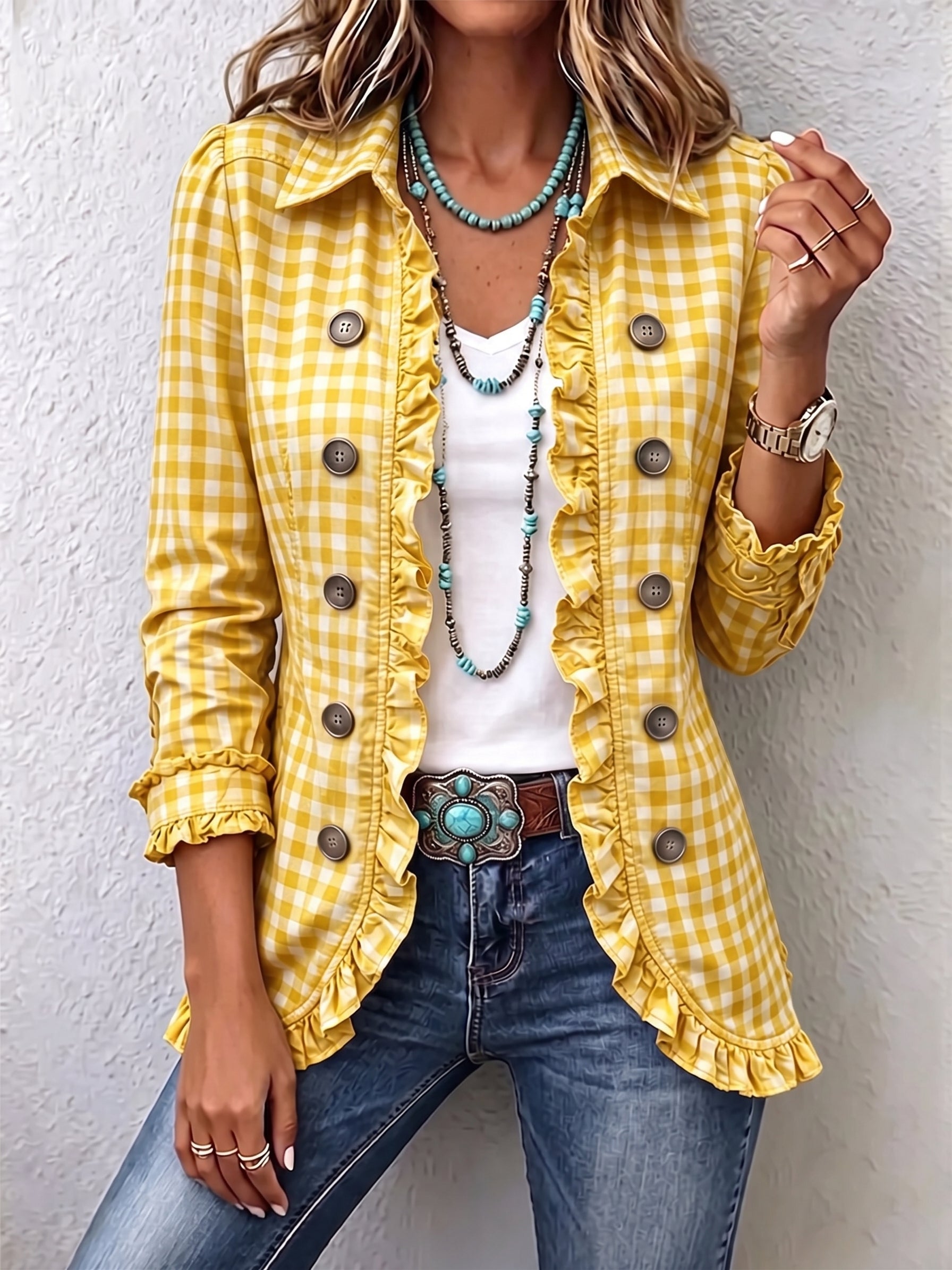 Clover™ | Gingham Ruffle-Trim Button Jacket