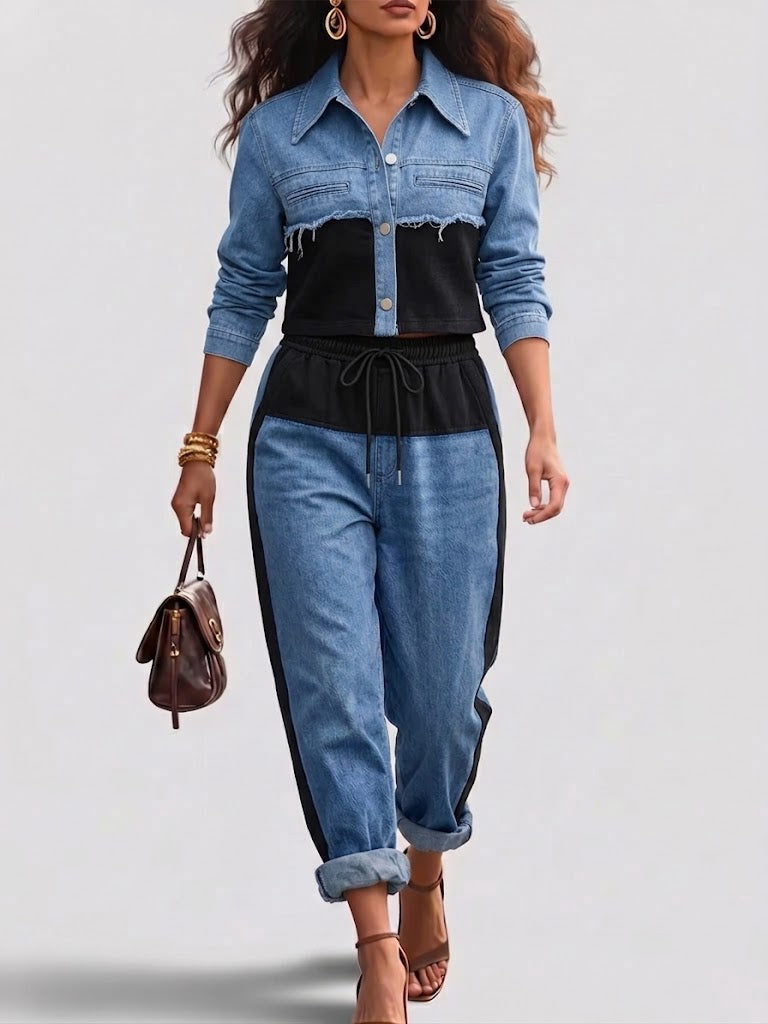 Holbrook™ | Color-Block Cropped Denim Jacket & Wide-Leg Pants Set