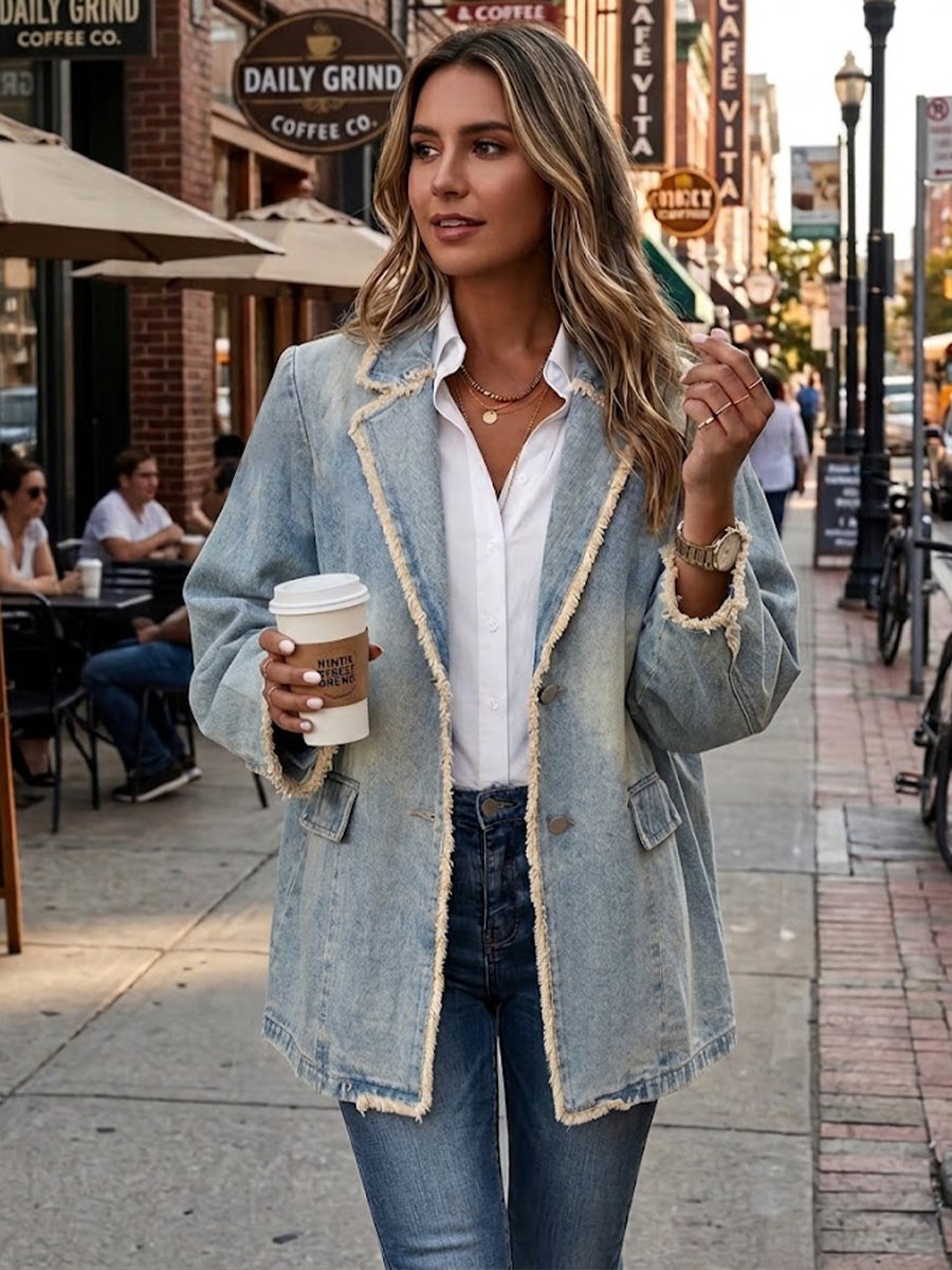 Dionne™ | Vintage Washed Denim Raw-Edge Blazer