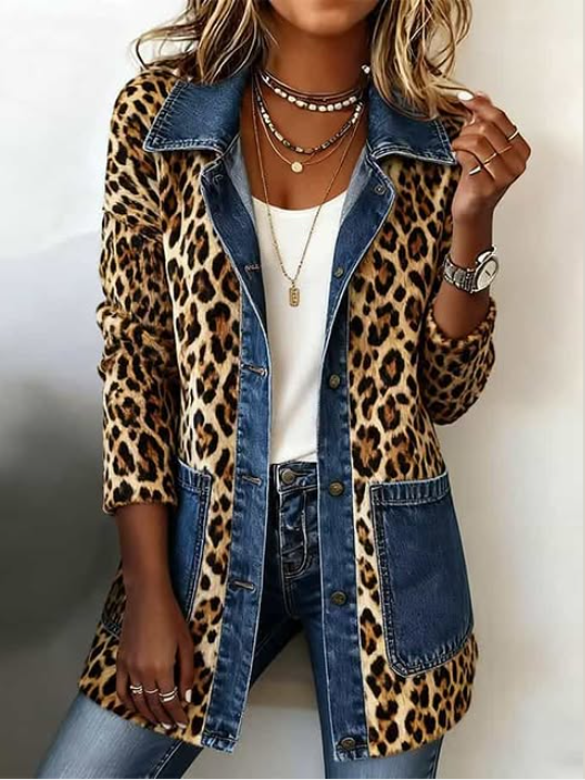 Fablenne™ | Leopard Print & Denim Contrast Longline Jacket
