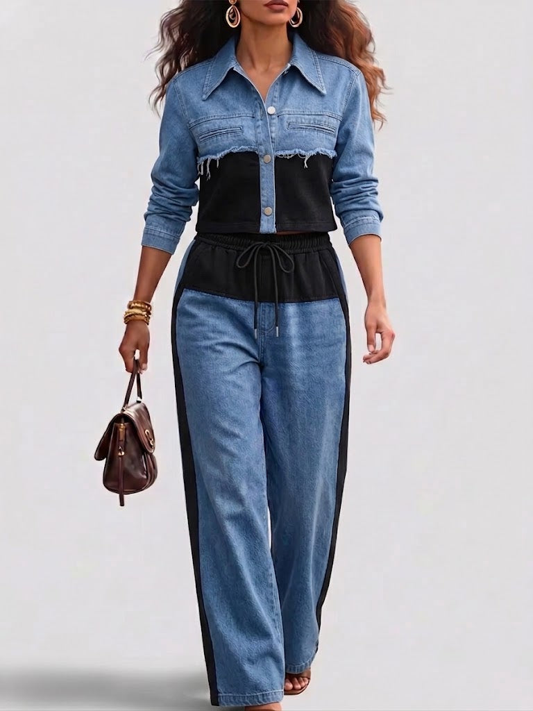 Holbrook™ | Color-Block Cropped Denim Jacket & Wide-Leg Pants Set