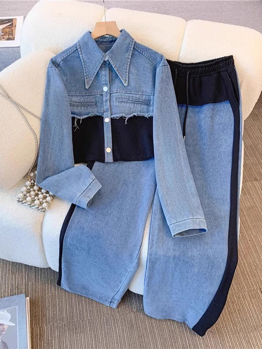 Holbrook™ | Color-Block Cropped Denim Jacket & Wide-Leg Pants Set
