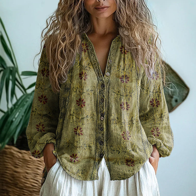 Patricia™ | Embroidered Botanical Relaxed V-Neck Blouse