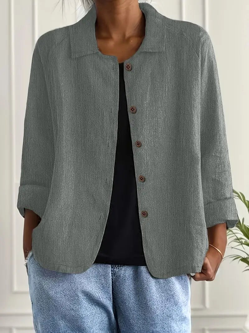 Anabilia™ | Soft Gray Relaxed Button-Front Blouse