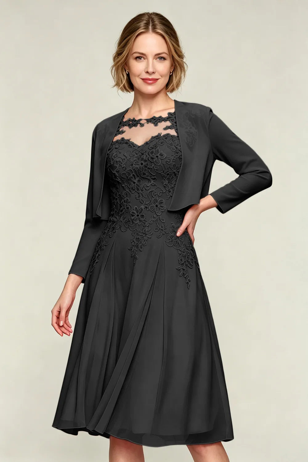 Lorraine™ | Lace Appliqué Chiffon Dress with Jacket