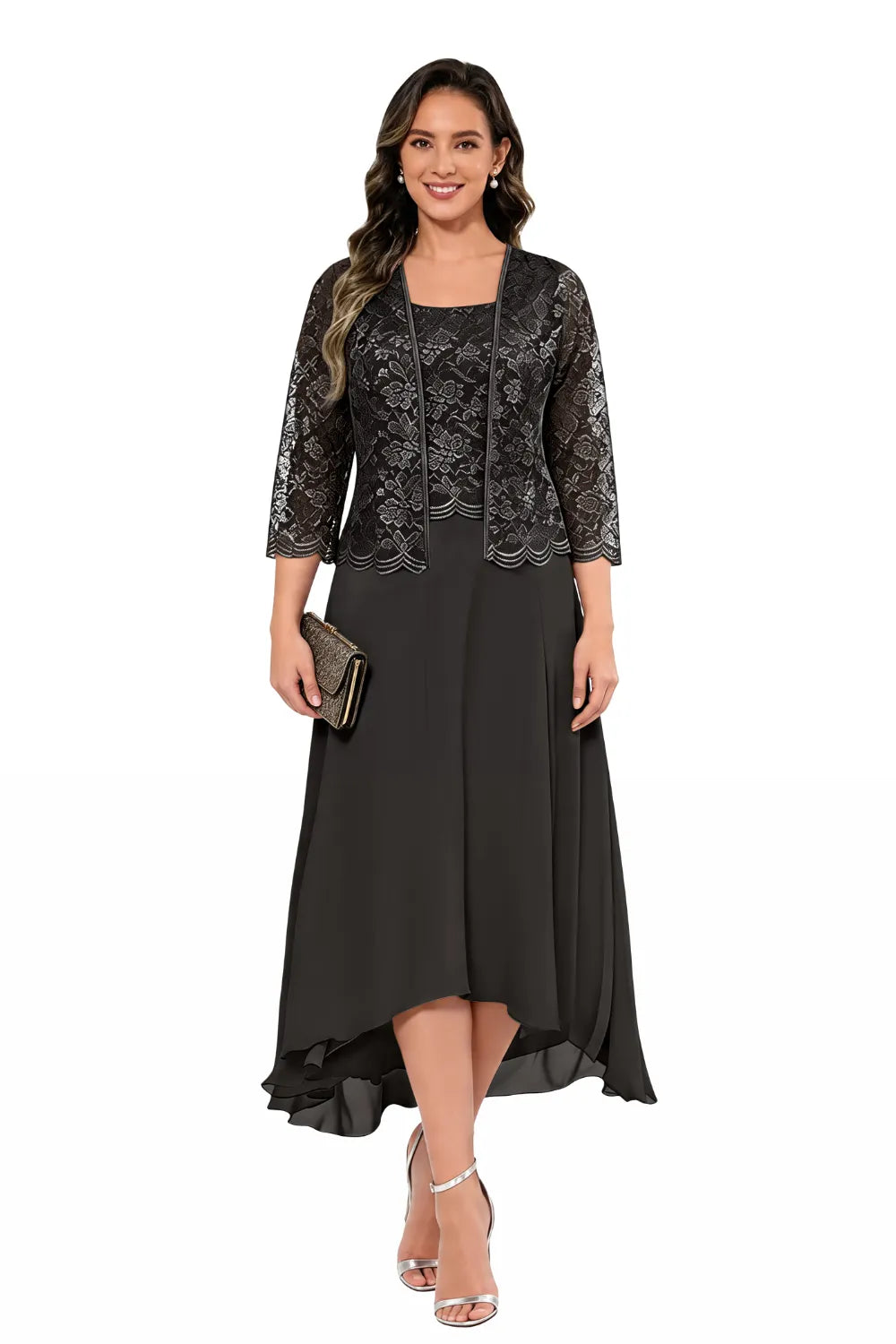 Élise™ | Lace Chiffon Midi Dress with Jacket