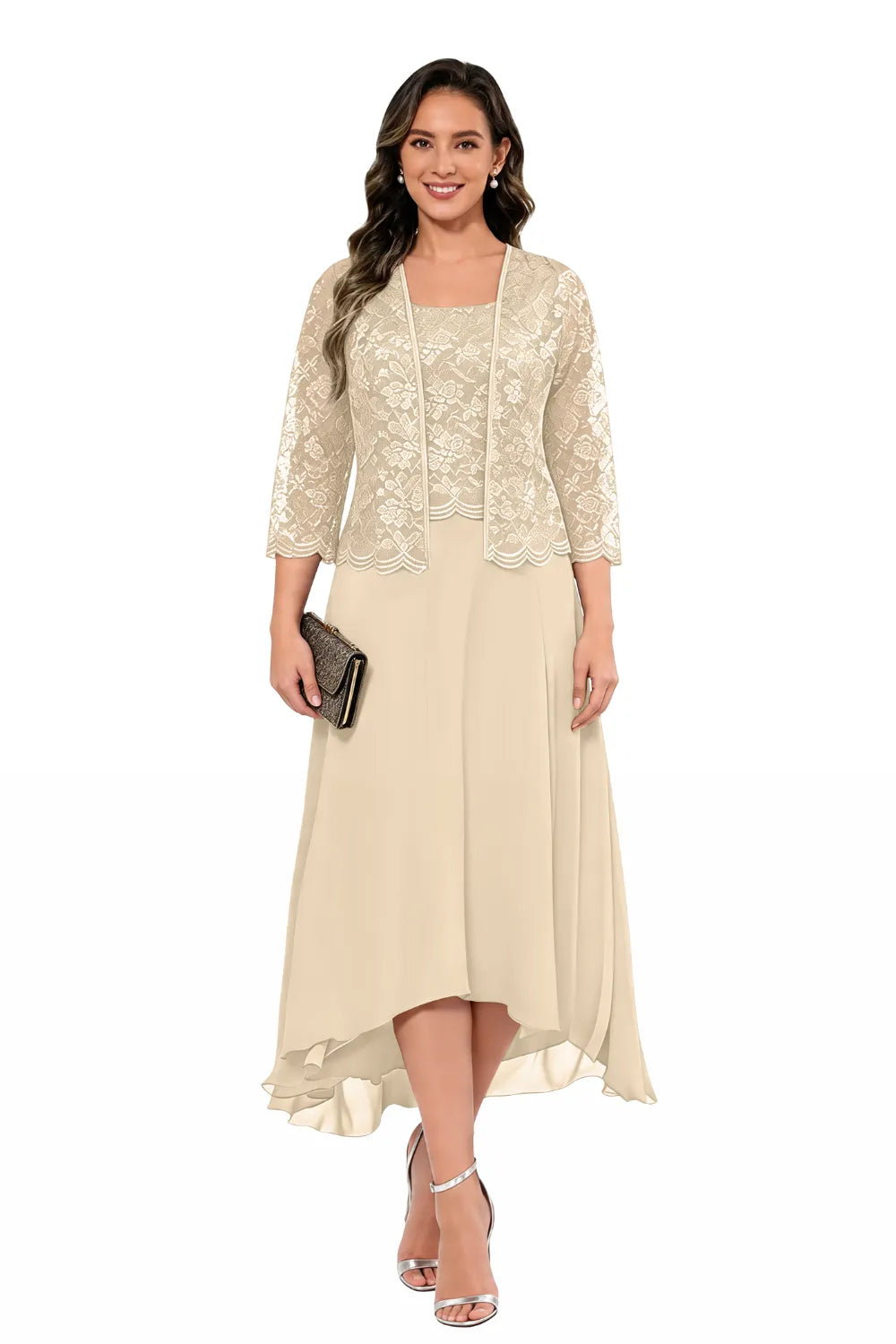 Élise™ | Lace Chiffon Midi Dress with Jacket