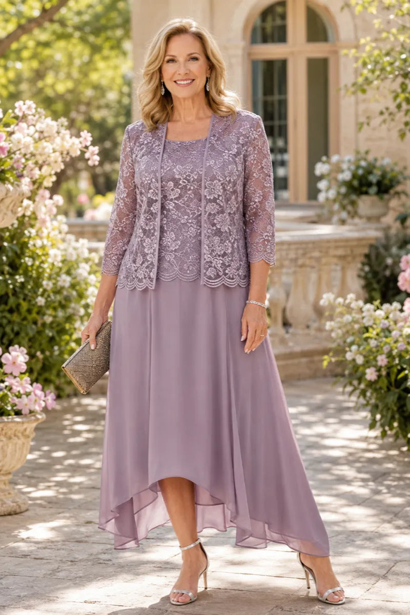 Élise™ | Lace Chiffon Midi Dress with Jacket