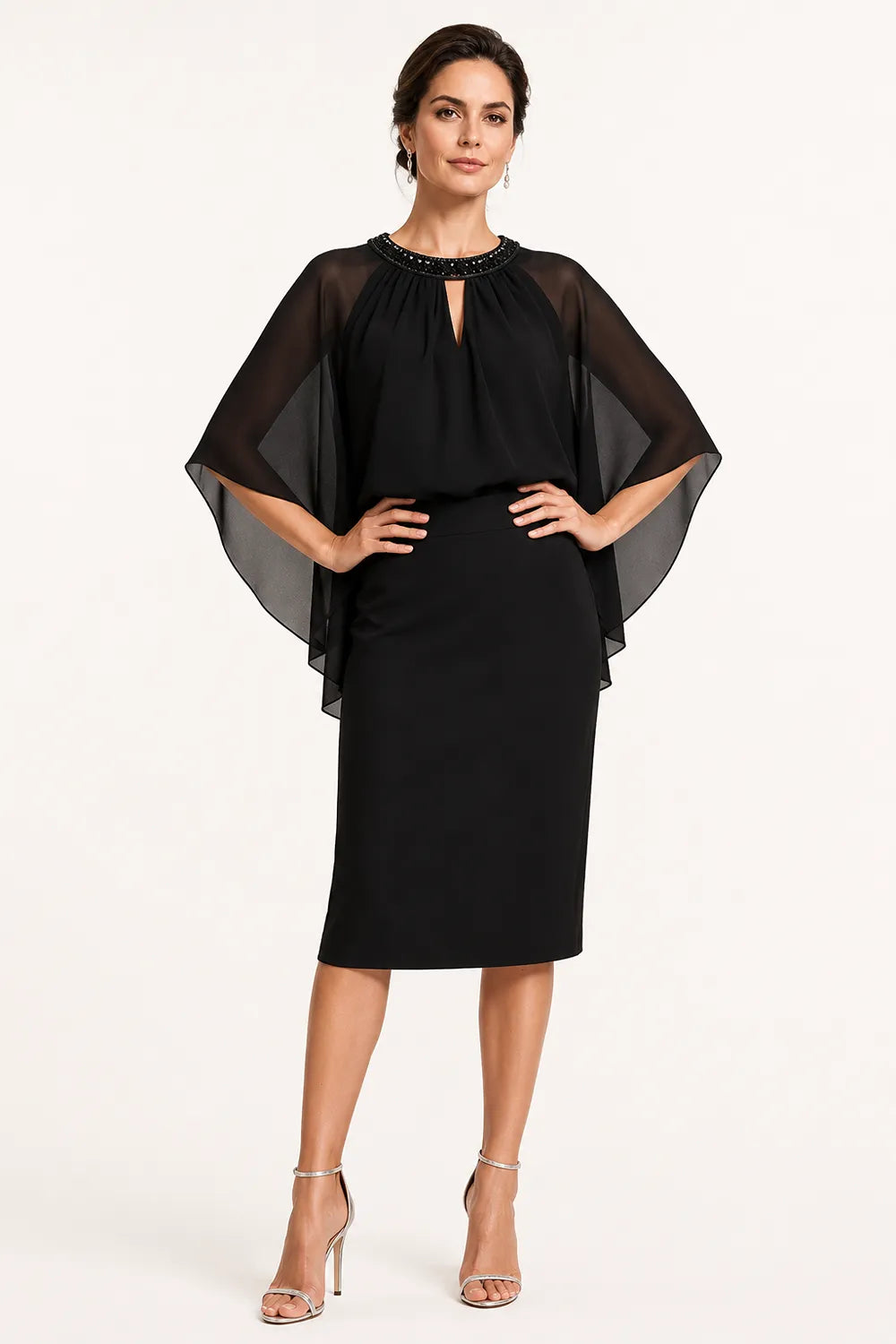 Helena™ | Elegant Cape Sleeve Midi Dress