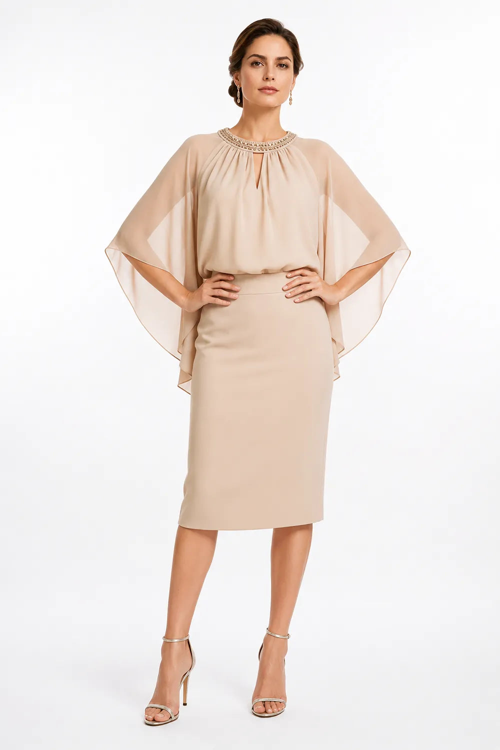 Helena™ | Elegant Cape Sleeve Midi Dress