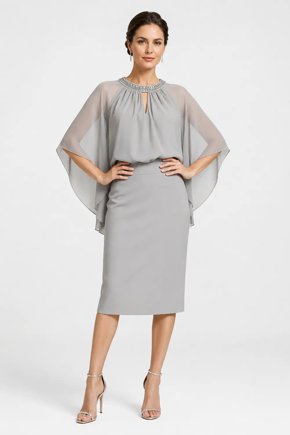 Helena™ | Elegant Cape Sleeve Midi Dress