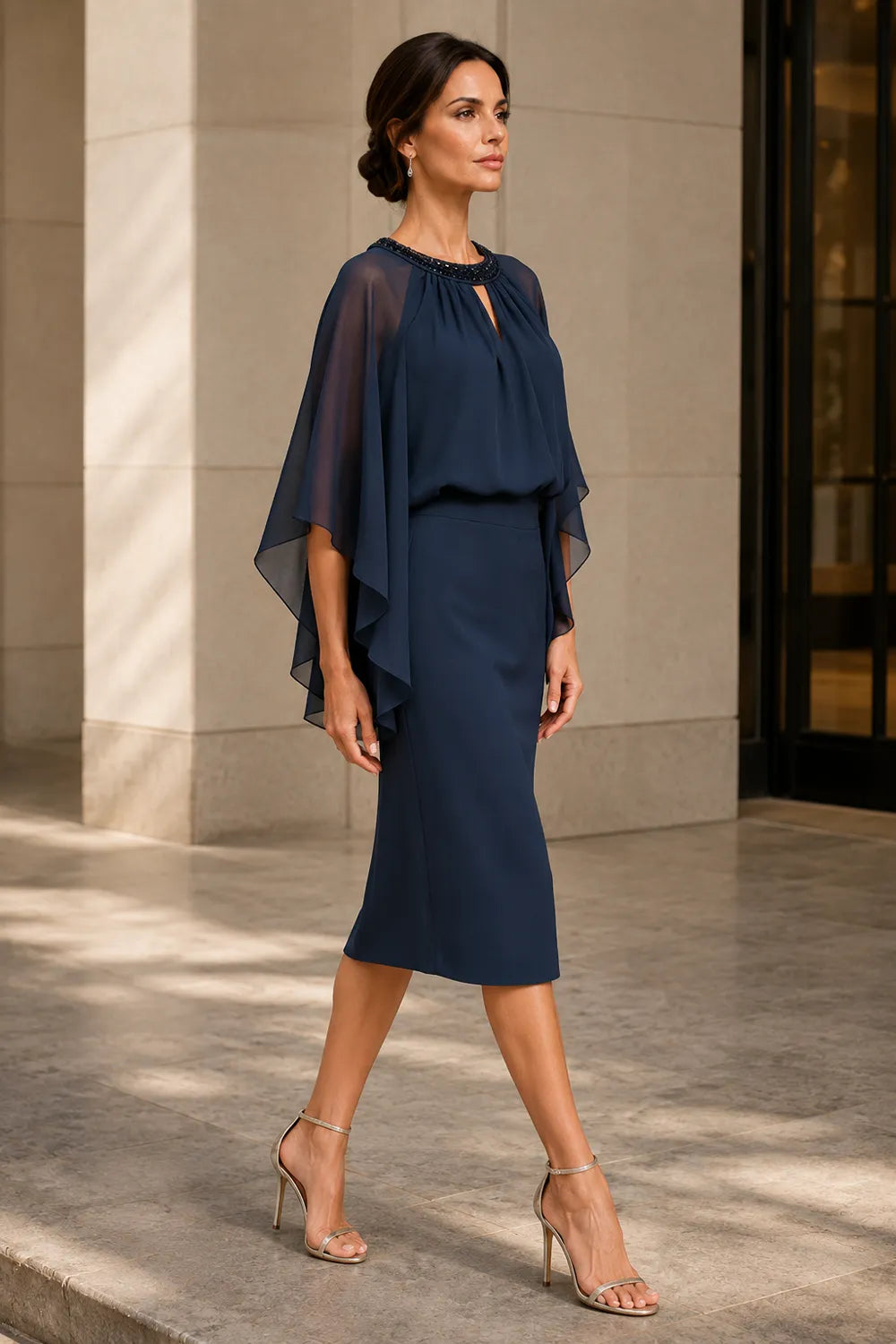 Helena™ | Elegant Cape Sleeve Midi Dress