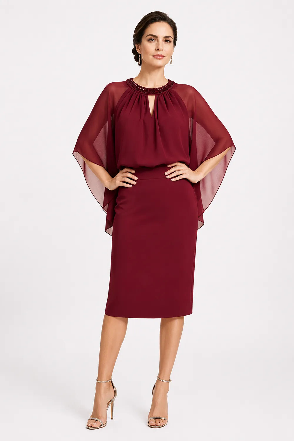 Helena™ | Elegant Cape Sleeve Midi Dress