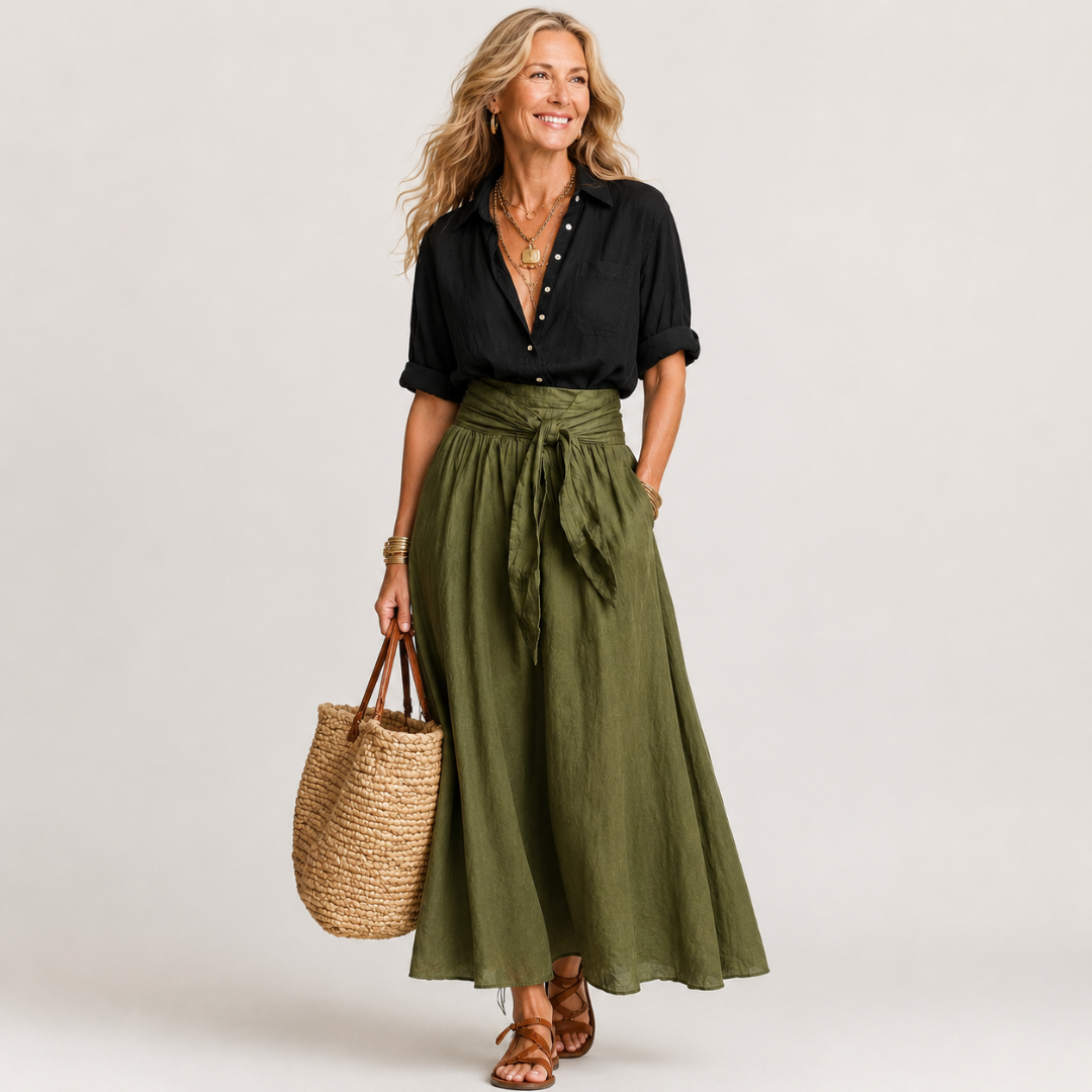 Vera™ | Two-Piece Set: Black Blouse and Olive Green Midi Skirt