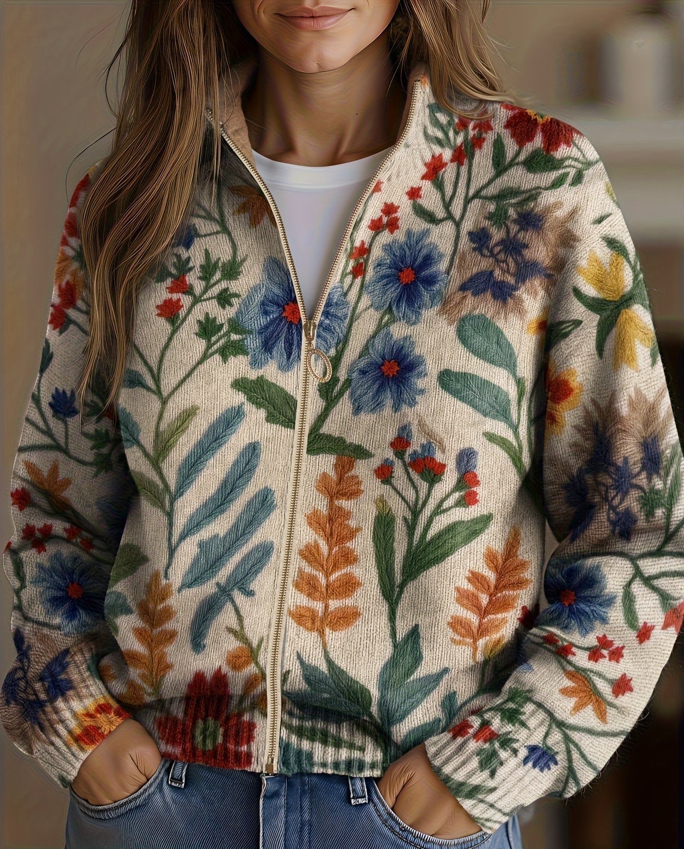 Wilma™ | Colorful Garden Floral Zip-Up Cardigan