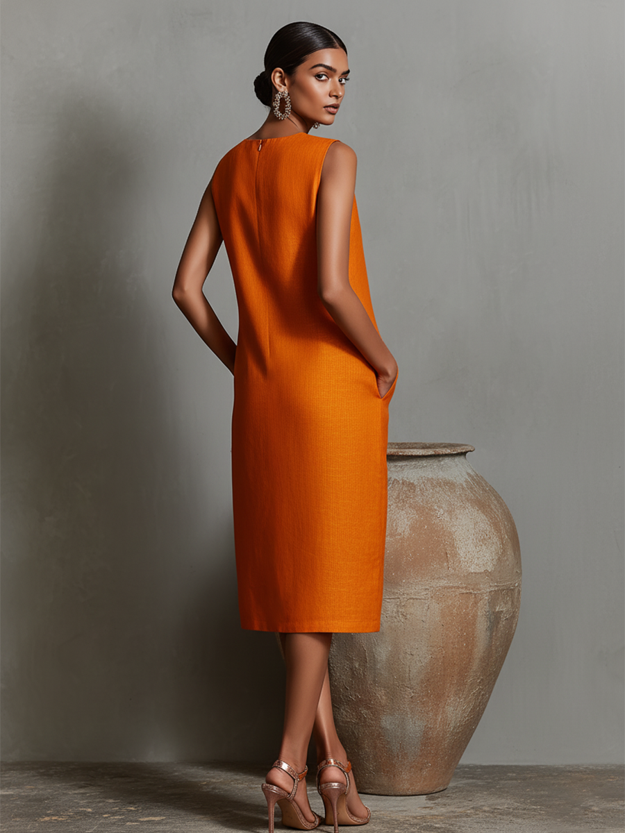 Camille™ | Linen Blend Pocket Midi Dress